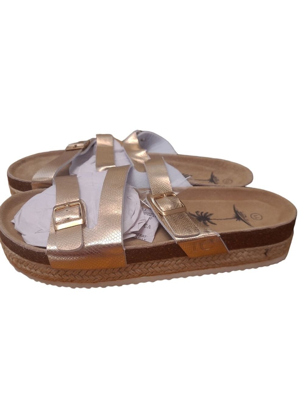 IC Lion Women's Open Toe Double Buckel Strap Slide Flat Cork Platform Sandles - Picture 2 of 5